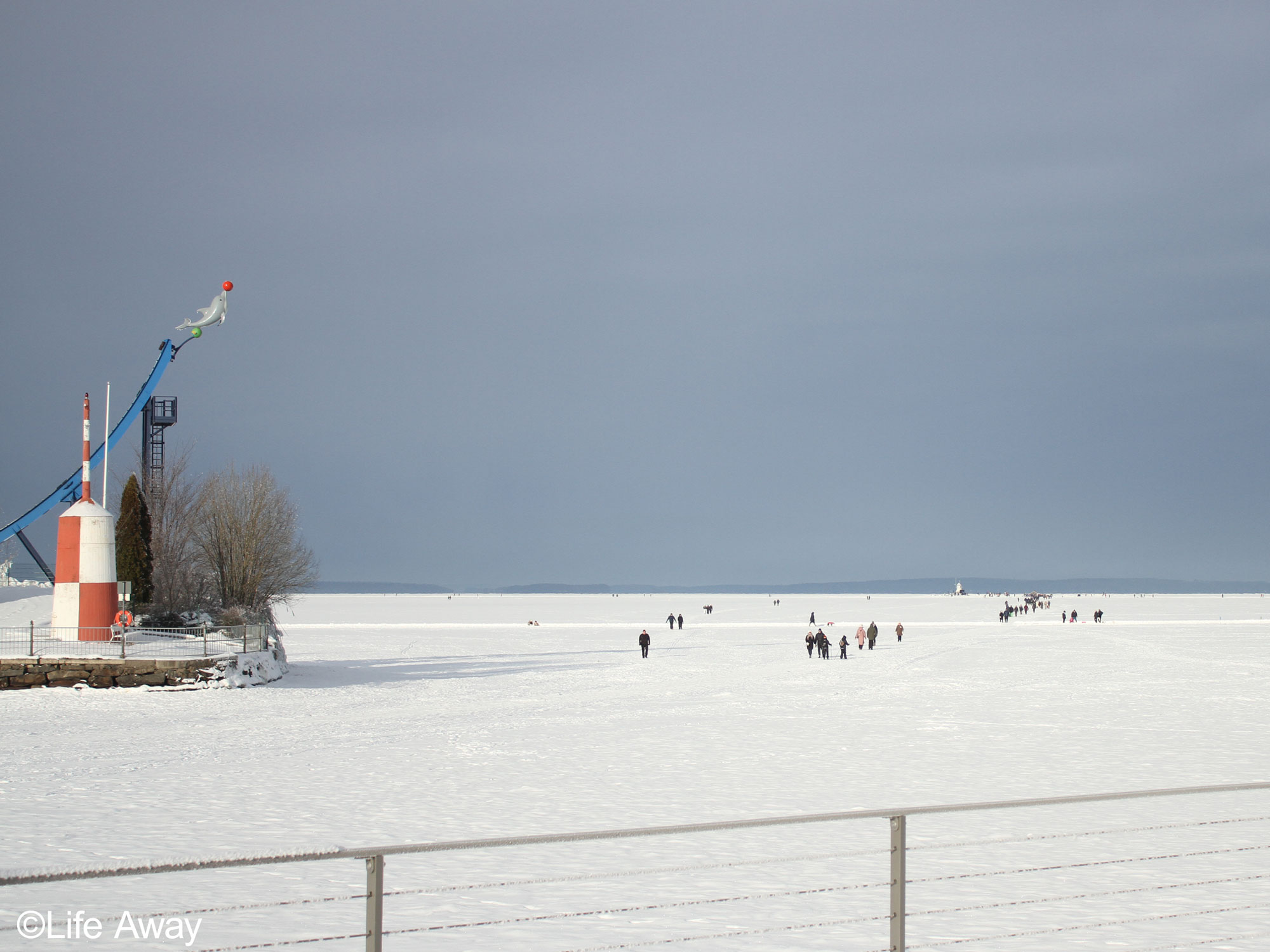 Näsijärvi Lake Frozen With Hikers Tampere Finland